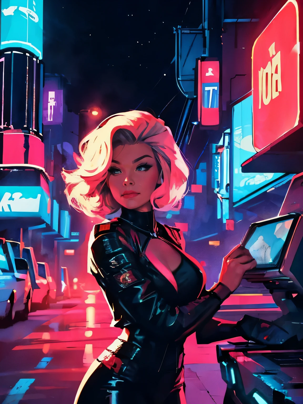 old retro poster, USSR, cyber city ,((at night)). Neon, photo shoot, 1 ultra hot gorgeous woman. Age 23. Happy. short white wavy hair, expressive breasts, fashionista, 80s, hd