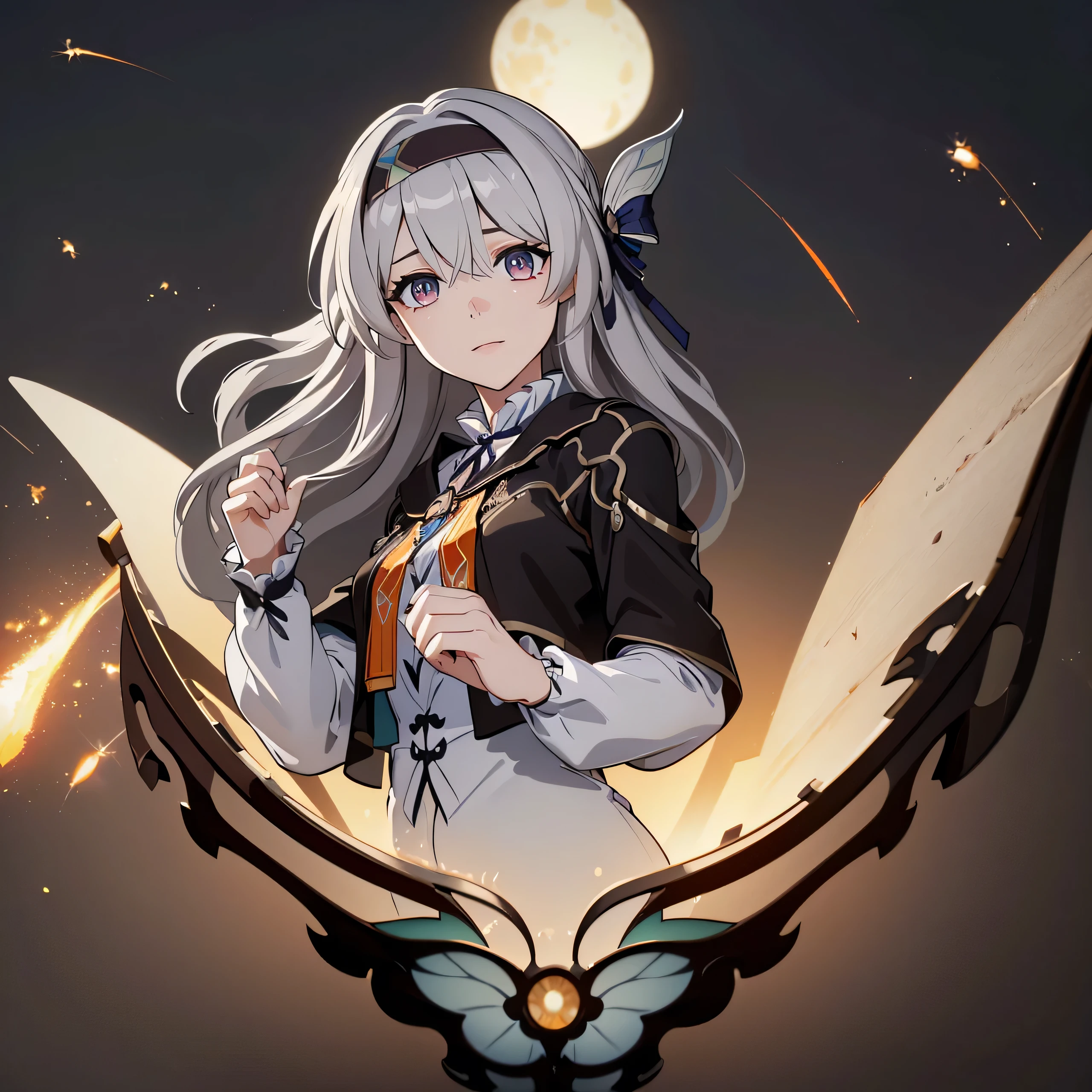 ((8k resolution))、((Highest quality))、((Masterpiece))、((very detailed))((((Amazing))), (Anatomically correct)、((Theme、whole body:1.1)、firefly def, jacket, set, bow, headband, hair accessories, gray hair