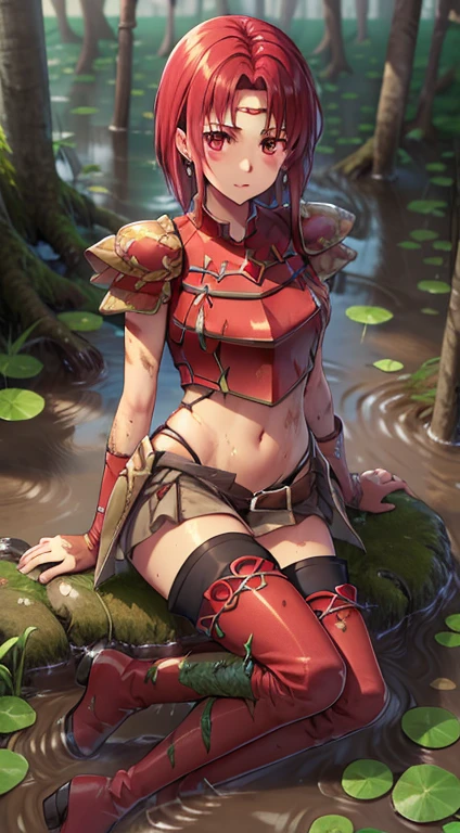 masterpiece, Best qualityquality,masterpiece, Best quality,quality, Lady, Circlet, Earrings, armor, Elbow hand pockets,Thigh-high boots, Best qualityquality,  abdomen, abdomen, Long and thin navel,Thighs,(In the muddy swamps、Boots are stained with mud)、covered with a lot of mud、Mud flows down the body、(The skin is covered with mud)、(The skin is covered with mud)、(Lower body stained with mud)、Falling into the mud, 泥に染まったarmor