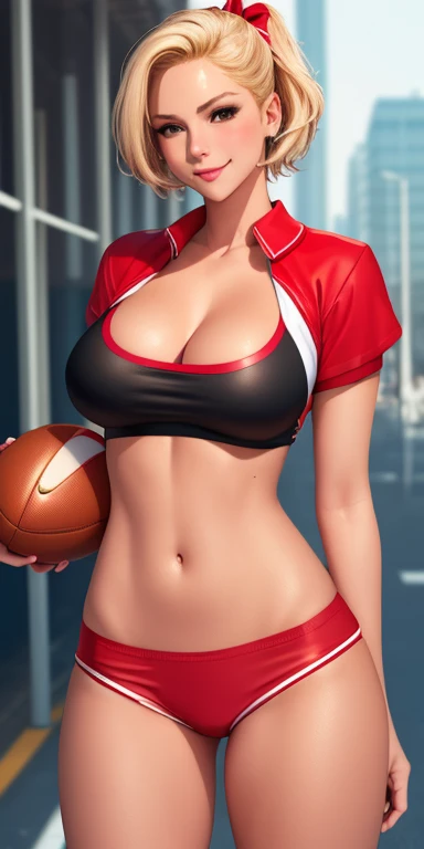 8k,Best Quality, ultra detailed, photorealistic: 1.39, bright and vibrant colors, studio lighting, romantic expression, short blonde hair,  busty, neckline, wearing cheerleader uniform, red and black pencil miniskirt, red top, Red color, with red and white pompoms, Thighs, black thong, shiny skin, with sweat all over the body, wet clothes, (to throw, shooting they seek), smiling, street background, medium breasts, in a football stadium.