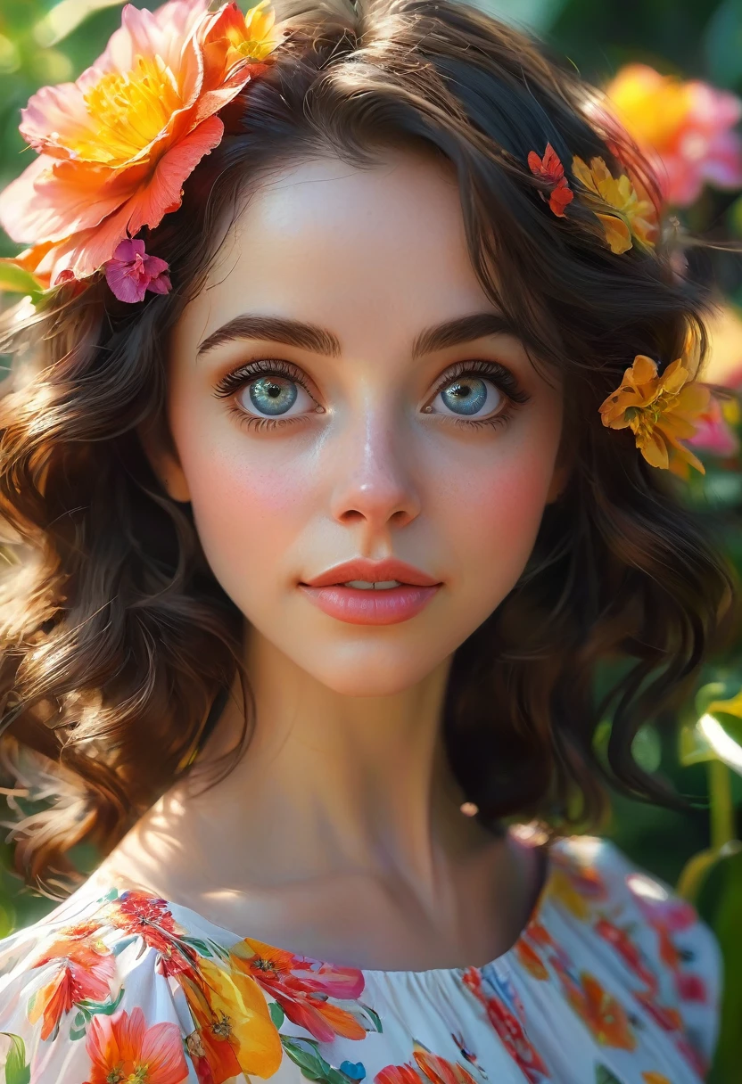 Adorable, Woman,big-eyed woman, round face. promenent lips. Smileing,In the garden,Her hands are behind her...., , large ass, wearing a cute sun dress. Picture from the side,looking at the scenes, intense colors, Very valuable details, complex details, volumetric lighting, digital art, 8k, trending on Artstation, Clear focus, complex details, highly detail, Greg Rutkowski Big Eyes, high-resolution, Black hair. Alison Brie
