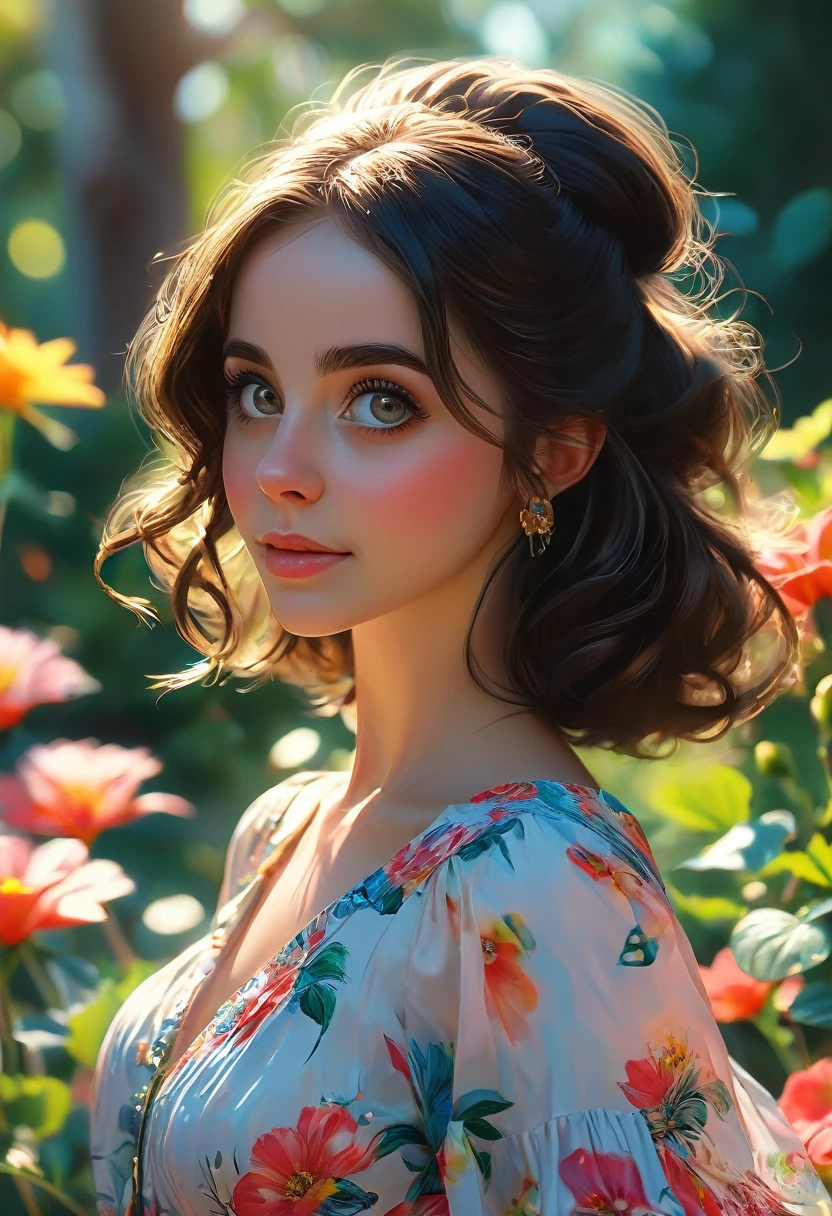 Adorable, Woman,big-eyed woman, round face. promenent lips. Smileing,In the garden,Her hands are behind her...., , large ass, wearing a cute sun dress. Picture from the side,looking at the scenes, intense colors, Very valuable details, complex details, volumetric lighting, digital art, 8k, trending on Artstation, Clear focus, complex details, highly detail, Greg Rutkowski Big Eyes, high-resolution, Black hair. Alison Brie