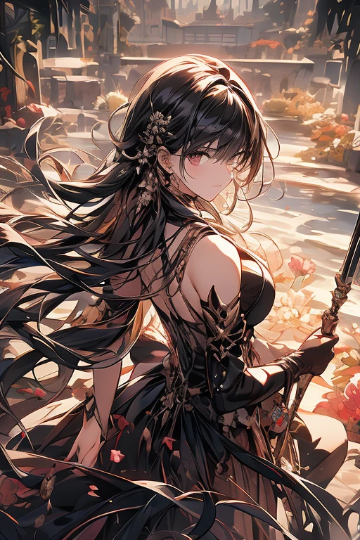 (dynamic angle:1.3, front view:1.1, breast focus:1.3, from below:1.2), (dynamic posing:1.5, sexy posing:1.2, leaning forward), (seductive smiling:1.3),(*K) HD, highest quality, Anime style beutiful woman, 1girl,fullbody, happy, (with sparkling eyes and a contagious smile:1.2), red face, closed mouth, beautiful detailed eyes, super detailed skin, backlighting, bare shoulders, black background, black dress, black gloves, silver hair, breasts, dress, earrings, fingerless gloves, floating hair, floral print, flower, gloves, gold earrings, gold hairband, hair flower, hair ornament, hairband, holding, holding two-hands weapon, jewelry, medium breasts, long hair, looking at viewer, off-shoulder dress, off shoulder,red eyes, short hair with long locks, sidelocks, solo, spikes, thighs, two-sided dress, two-sided fabric, weapon, fighting stance , face, close up, from above, highest quality, high resolution,Real World, Natural light,perfect Natural light,looking at viewer,