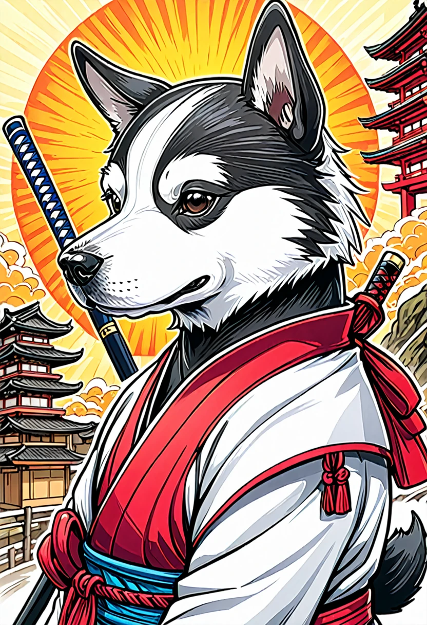 arte em tinta fina, comic style, portrait of japan, Samurai dog terrier and cat ninja, Glamour de Osaka, bela arte de linha, comic style, manga style, manga art style, pencil and ink caricature drawing, coloring, , other positions, corpo inteiro. Japan Background, Samurai dog terrier and cat ninja, desenho colorido