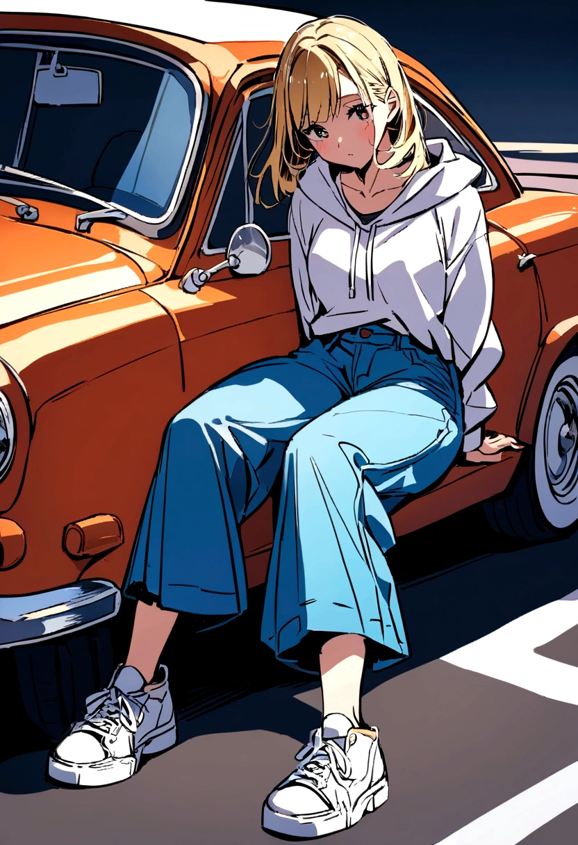 A girl with blond hair below X shoulders sits on the asphalt, and behind her is a retro car. Girl sitting on the asphalt, leaning back against an old retro car.
The girl is wearing large wide jeans, large white sneakers with untied laces and a large white hoodie. summer. sunlight.
asphalt. Road. highway.