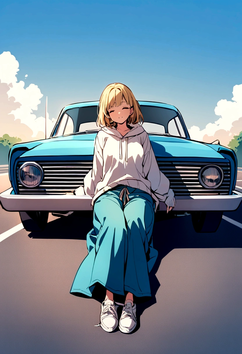 A girl with blond hair below X shoulders sits on the asphalt, and behind her is a retro car. Girl sitting on the asphalt, leaning back against an old retro car.
The girl is wearing large wide jeans, large white sneakers with untied laces and a large white hoodie. summer. sunlight.
asphalt. Road. highway.