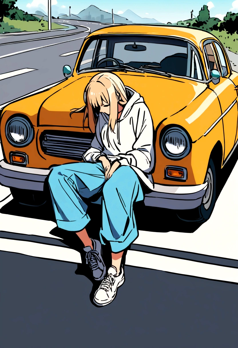 A girl with blond hair below X shoulders sits on the asphalt, and behind her is a retro car. Girl sitting on the asphalt, leaning back against an old retro car.
The girl is wearing large wide jeans, large white sneakers with untied laces and a large white hoodie. summer. sunlight.
asphalt. Road. highway.