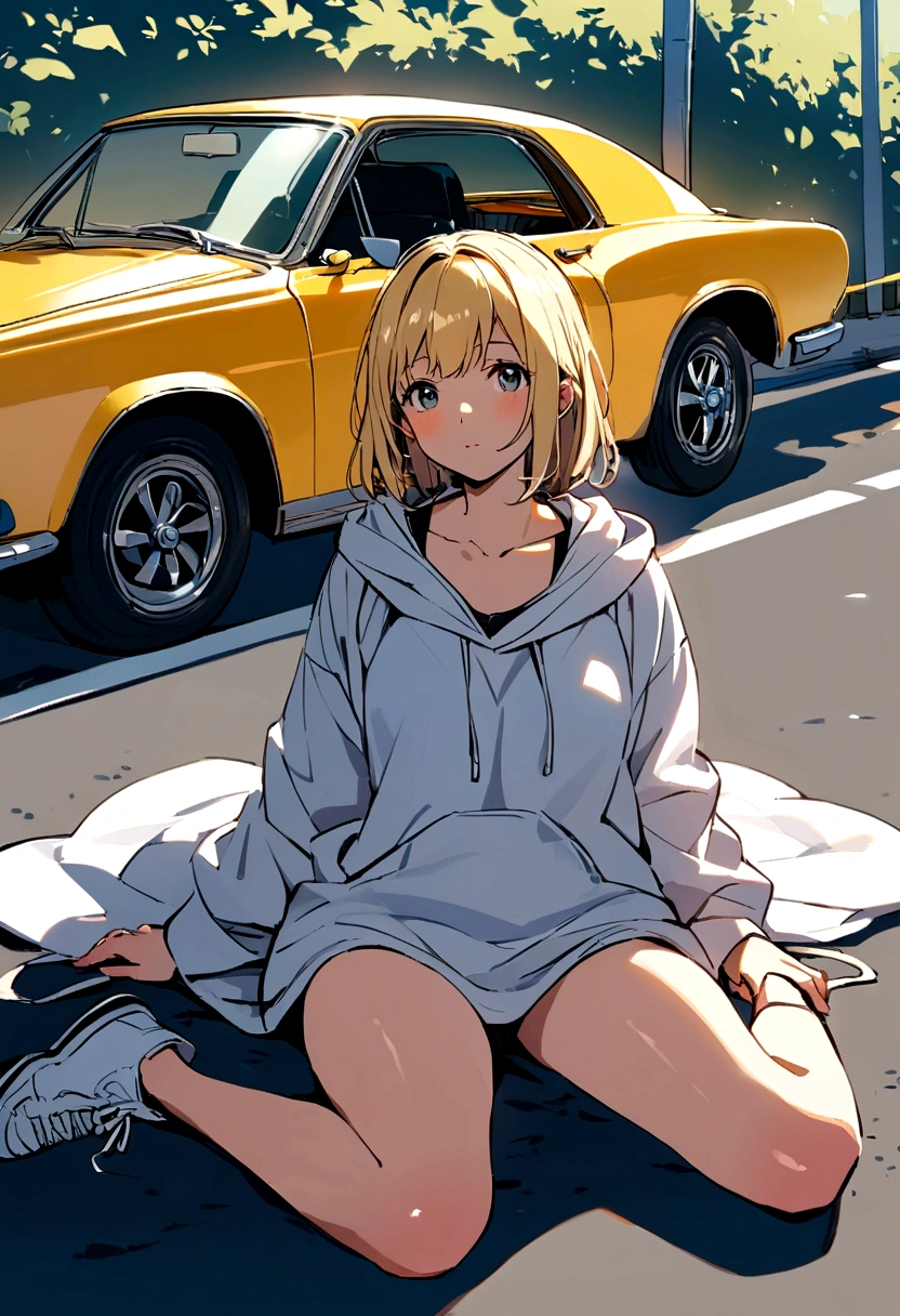 A girl with blond hair below X shoulders sits on the asphalt, and behind her is a retro car. Girl sitting on the asphalt, leaning back against an old retro car.
The girl is wearing large wide jeans, large white sneakers with untied laces and a large white hoodie. summer. sunlight.
asphalt. Road. highway.
