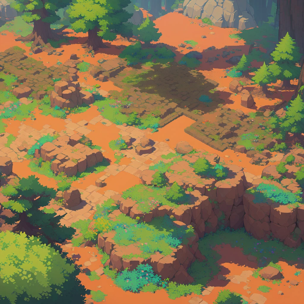 retro video game style,pixelated graphics,vibrant colors,8-bit characters,blocky shapes,sharp lines,detailed shading,classic gaming vibe,nostalgic atmosphere,classic arcade games,masterpiece:1.2,ultra-detailed,illustration style, 2d texture, clay texture, stone texture, 4 k seamless mud texture, video game texture, dirt texture, tileset, game tiles, clay material, flat texture, grass, trees, rock texture, rocky ground, forest, topdown view, game texture, game art, ground very detailed, dirt, floor texture, tileable texture, flowers, bushes, shrubs, intricate ground stone, top down view, 3/4th perspective
