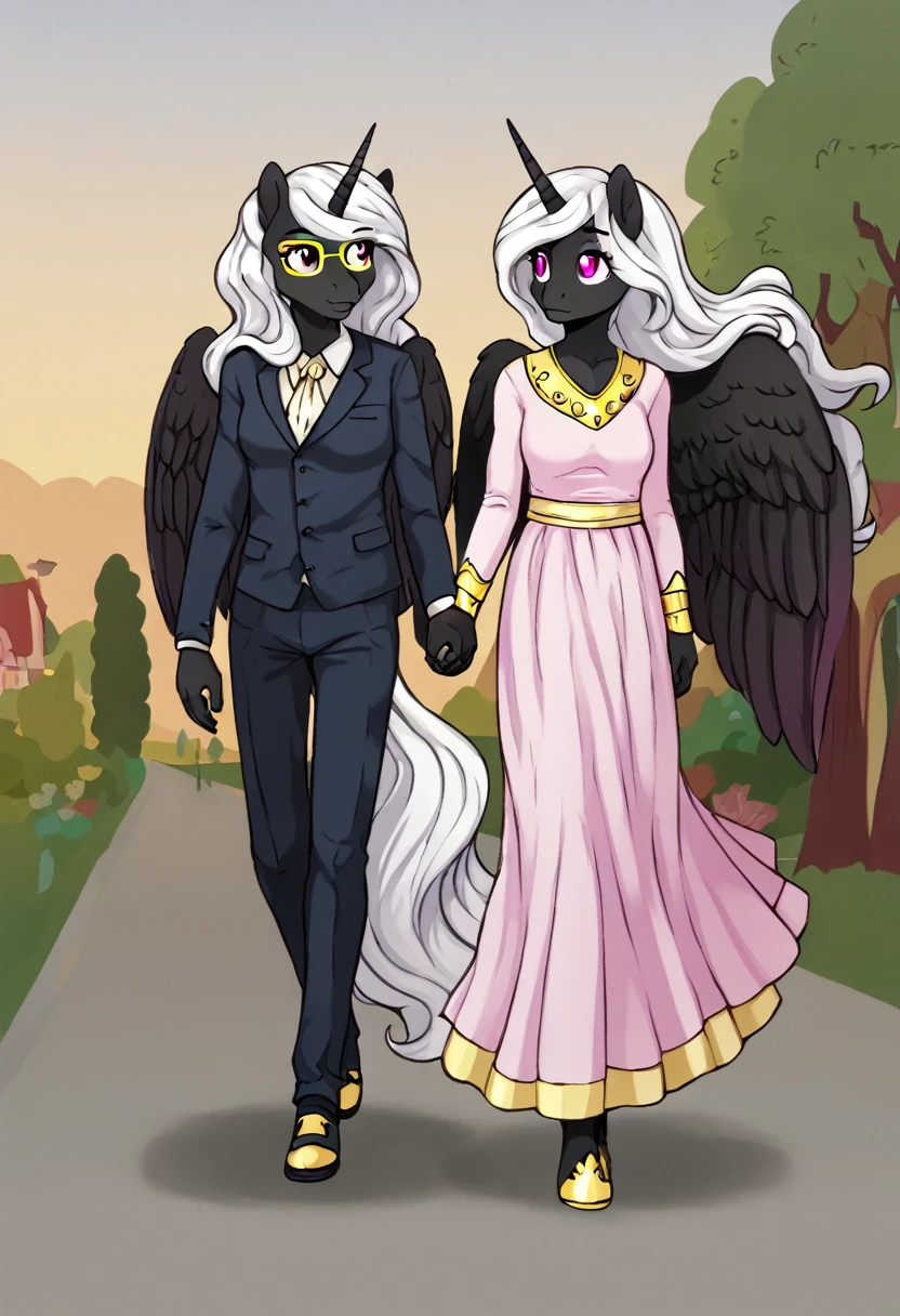  Alicorn princess   , white mane, ,black fur   color  long flowing  mane pink  eyes anthro clothing,yellow glasses, holding childs hand, walking home
Parent:mother and daughter