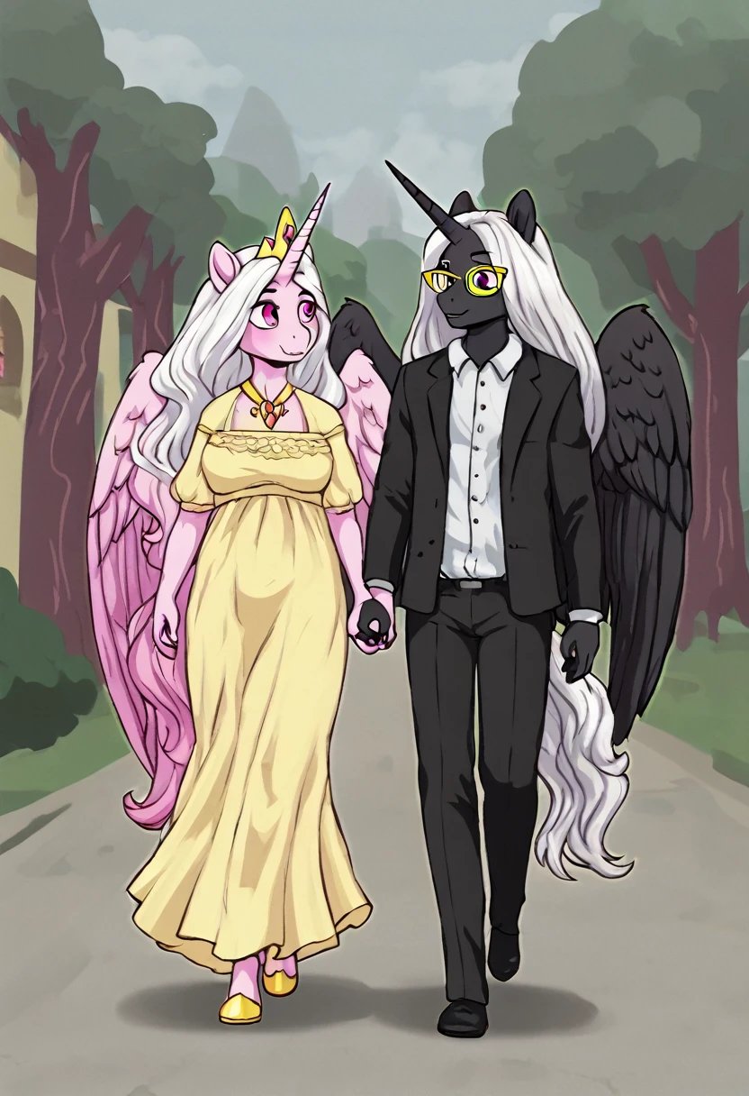  Alicorn princess   , white mane, ,black fur   color  long flowing  mane pink  eyes anthro clothing,yellow glasses, holding childs hand, walking home
Parent:mother and daughter