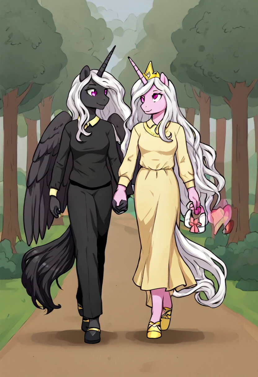  Alicorn princess   , white mane, ,black fur   color  long flowing  mane pink  eyes anthro clothing,yellow glasses, holding childs hand, walking home
Parent:mother and daughter