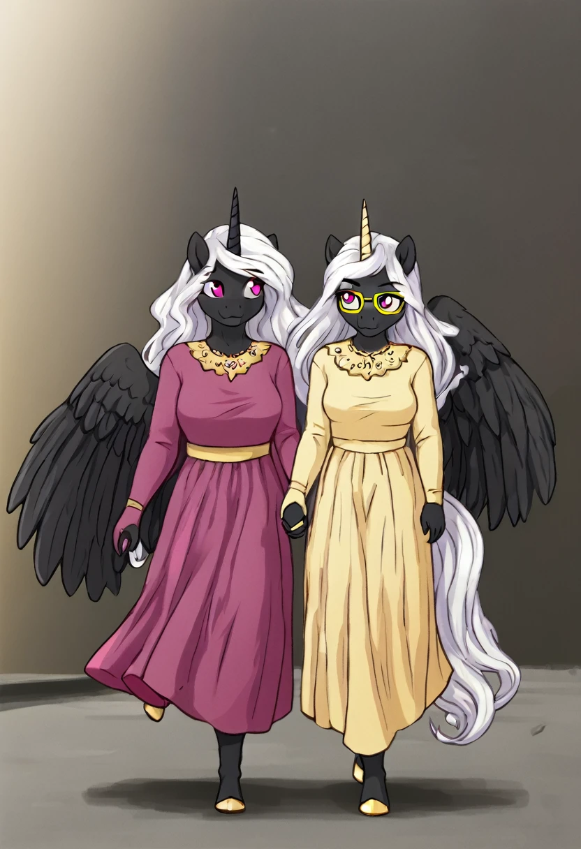  Alicorn princess   , white mane, ,black fur   color  long flowing  mane pink  eyes anthro clothing,yellow glasses, holding childs hand, walking home
Parent:mother and daughter