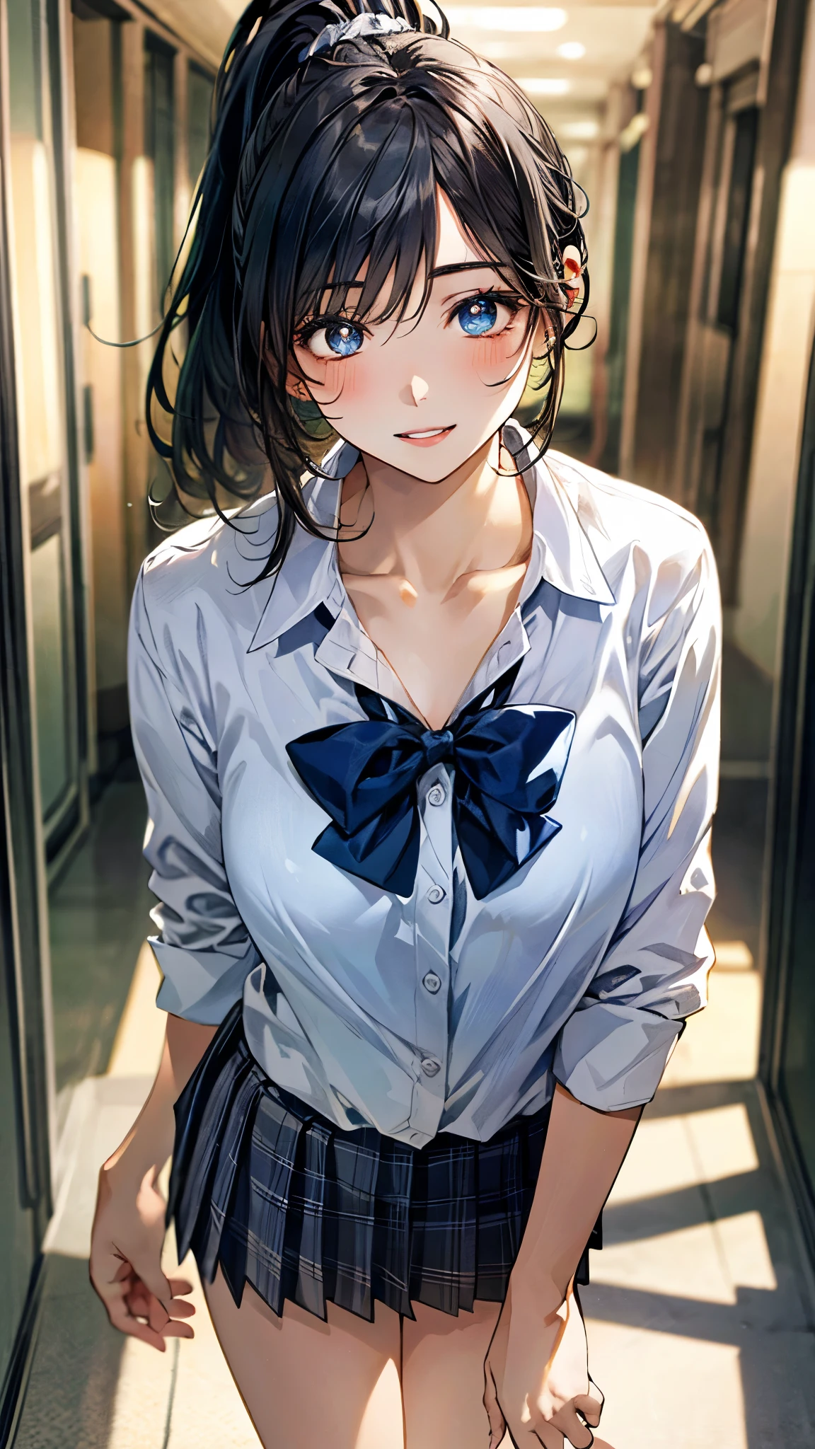 (masterpiece:1.3, top-quality, ultra high res, ultra detailed), (realistic, photorealistic:1.4), beautiful illustration, perfect lighting, natural lighting, colorful, depth of fields, ,
beautiful detailed hair, beautiful detailed face, beautiful detailed eyes, beautiful clavicle, beautiful body, beautiful chest, beautiful thigh, beautiful legs, beautiful fingers, shiny skin, 
looking at viewer, 1 girl, high school girl, (perfect anatomy, anatomically correct, super detailed skin), cute and symmetrical face, babyface, perfect face, perfect eyes, , 
(middle hair, ponytail, sideburns, silver hair), crossed bangs, blue eyes, slant eyes, big eyes, long eye lasher, (medium breasts, seductive thighs), slender, skin dendation, 
detailed cloth texture, light blue collared shirt, blue bow tie, grey plaid pleated skirt:1.2, black hair chouchou,
(beautiful scenery), summer, evening, (school hallway), standing, head tilt, hands between legs, (lovely smile, upper eyes, parted lips), 