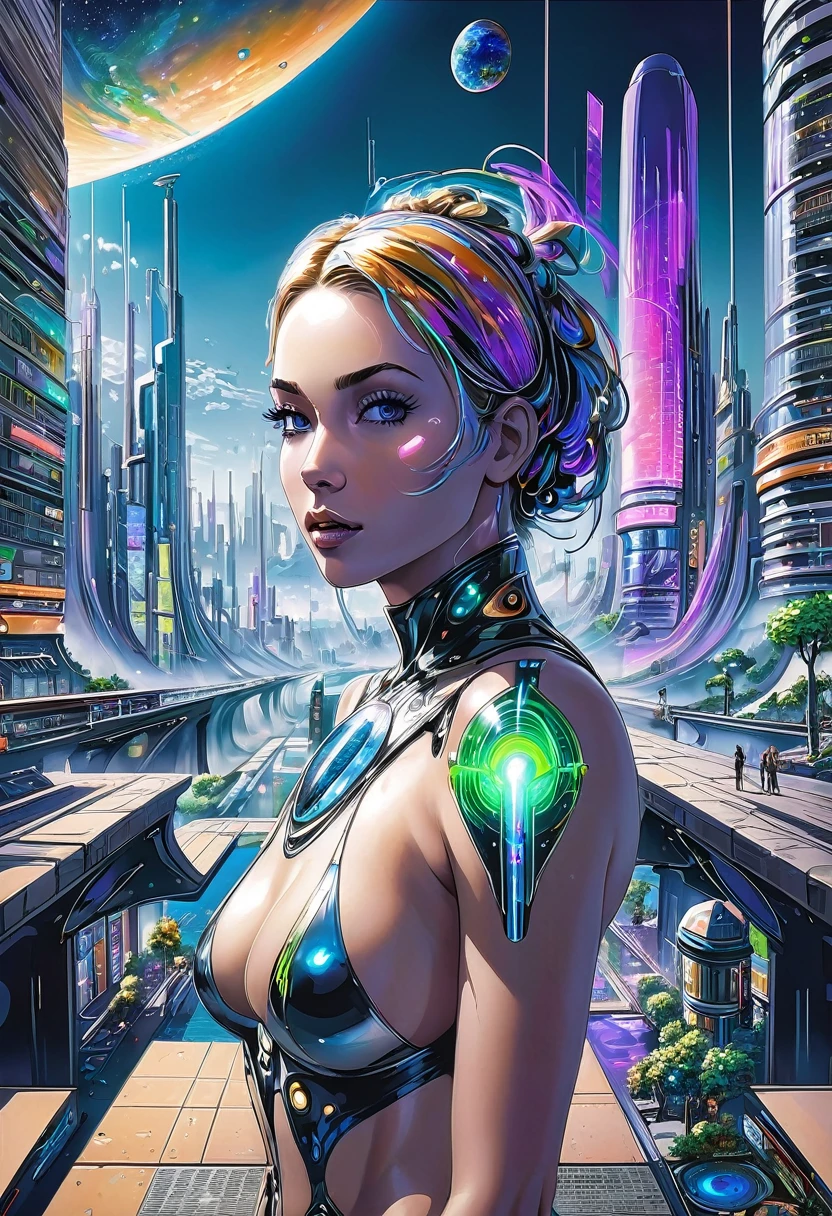 il y a une femme debout devant une peinture représentant une planète, ville futuriste en arrière-plan, oeuvre de psytrance, formes de vie humaines interconnectées, vue panoramique d'une jeune fille, couverture de l'album de rock progressif, rêve de l'infini, poussière d'étoiles, galaxie, stoner rock --ar 16:9h -- à 17h.1