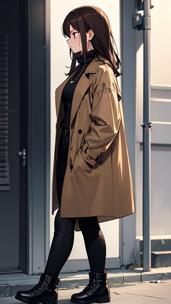 Final fantasy taste and reality graphics, Japanese young cute and cool ikemen boy and cute and beauty girl,,boy and girl couple, both age is early 20s, thin eyebrows and beady eyes, girl is black long hair, boy wearing orange beige color double brest very thick trench coat, with a black color neck fur.,neck fur is black color, must black neck fur,
Must tighten your belt of coat, with epaulet, must close the front of the trench coat,, must trench coat cloth the front, also wearing black very thick turtleneck lackluster shirts, tight black leather pants, shiny black leather tight and must put on a thin leather glove both hands, black leather knee-high raceup boots,
Girl wearing white colordouble brest very thick long coat,Must tighten your belt of coat, must trench coat cloth the front, also wearing black very thick turtleneck lackluster shirts, tight black leather pants, shiny black leather tight and must put on a thin leather glove both hands, black leather knee-high raceup boots,must views head-to-toe,must views whole body, boy and girl looks like fashion model,Do not show skin from the neck down,leather jacket leather glove and leather pants have few wrinkles,boy in the room,,Avoid showing your innerwear,must close coats waist belt.
