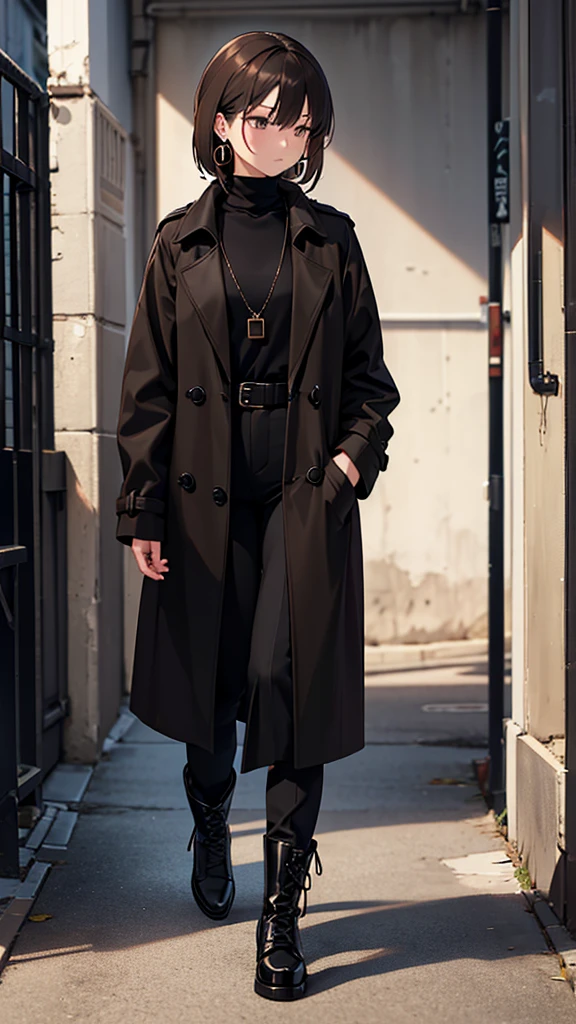 Korean adult woman, medium-length brown hair, grunge, ominous, dark aesthetic, black turtleneck, tan trench coat, necklaces, hoop earrings, 30-year-old, neutral expression, calm, expressionless, black pants, black combat boots, walking, side profile, looking away
