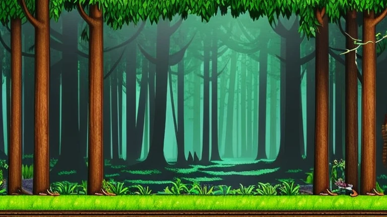 inside a dark forest, in the side scroller