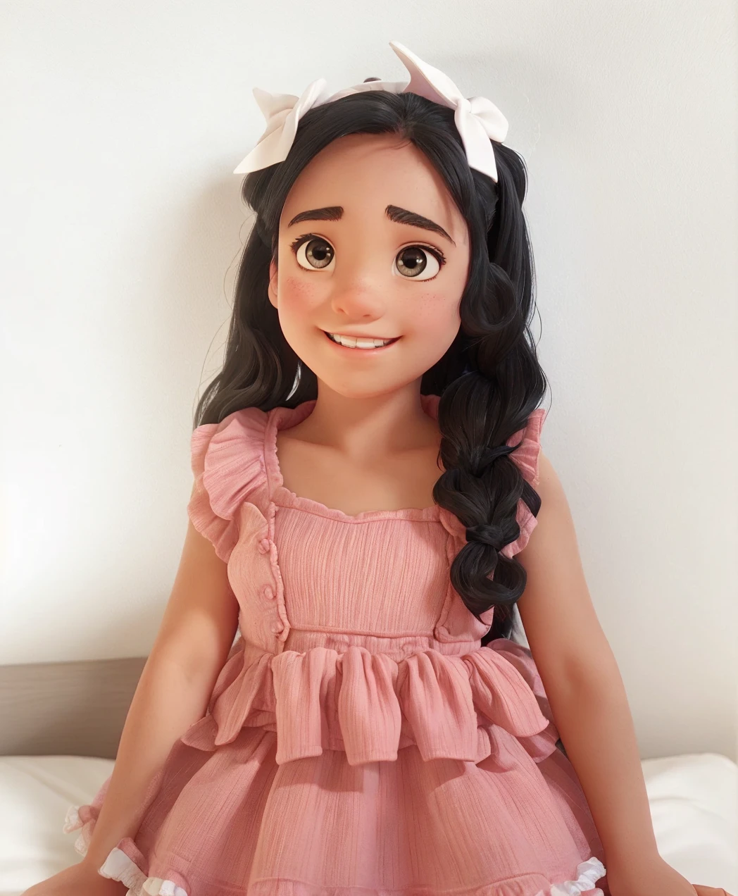 Two pony tails with white bows on the top. Black hair. Pink dress