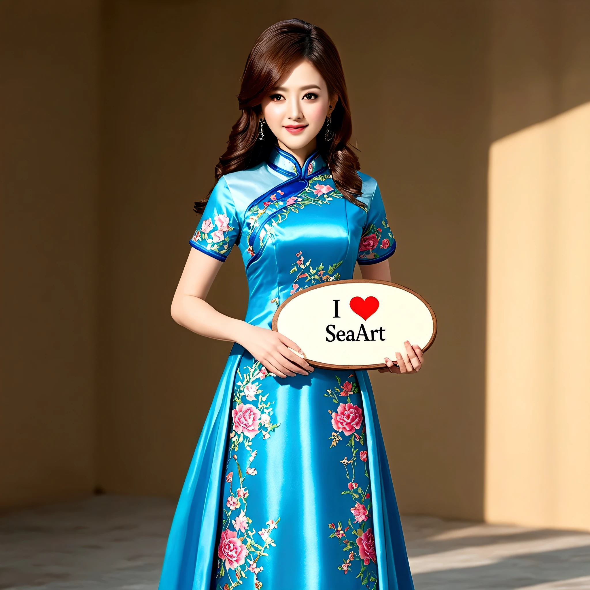 a beautiful detailed  girl in a beautiful blue cheongsam dress, intricate floral patterns, elegant pose, holding a board on which "I love SeaArt" is written, serene expression, natural lighting, dramatic shadows, warm color palette, delicate fabric textures, ultra-detailed, 8k, high resolution, photorealistic, masterpiece