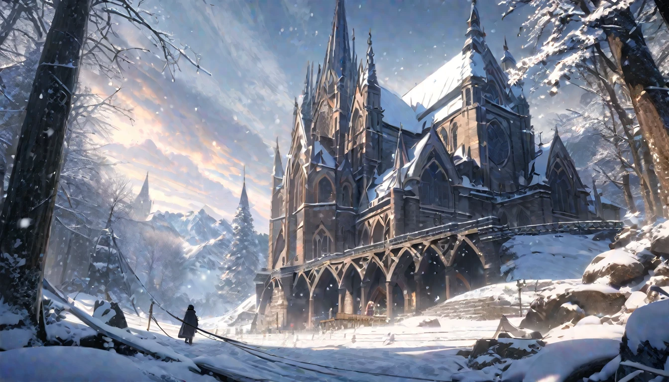 anime aestetic, winter time, icy canion, huge wide tree growing out of the horizontal wall, view from the rope bridge, gothic church on the top of the canion, snow falling, fantasy landscape, skies covered with grey clouds, perspective, atmospheric perspective, wide shot, 4K, 8k, highres, best quality, high quality, award winning, super detail, accurate, masterpiece, UHD