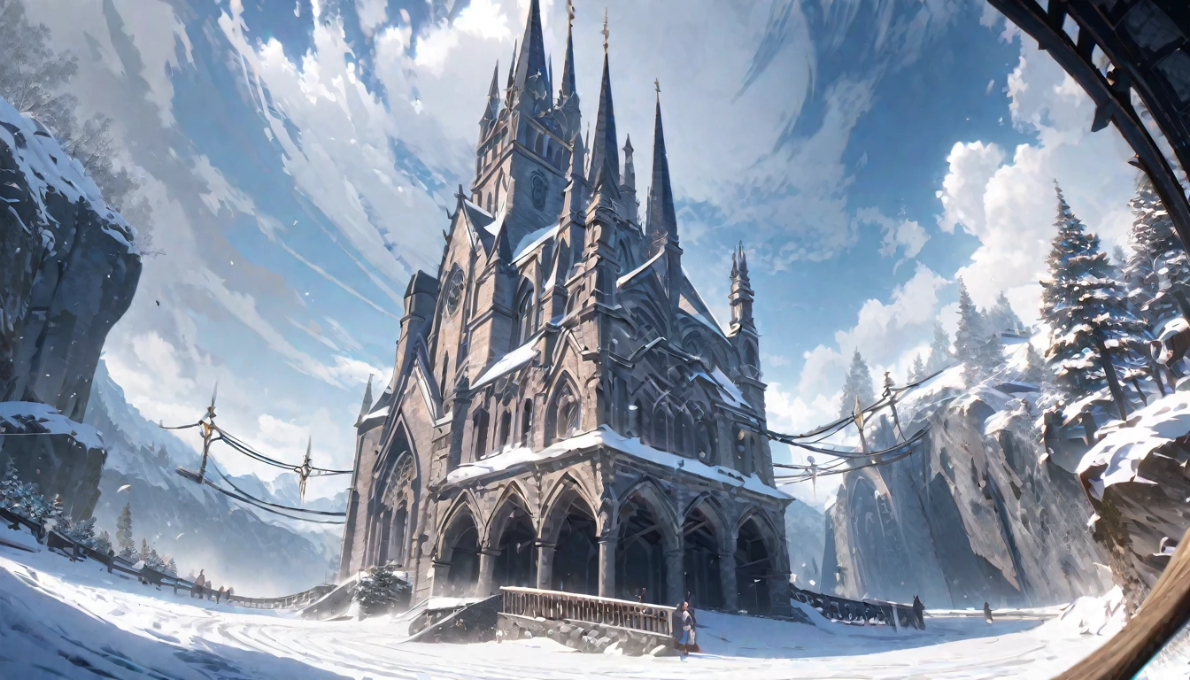 anime aestetic, winter time, icy canion, huge wide tree growing out of the horizontal wall, view from the rope bridge, gothic church on the top of the canion, snow falling, fantasy landscape, skies covered with grey clouds, perspective, atmospheric perspective, wide shot, 4K, 8k, highres, best quality, high quality, award winning, super detail, accurate, masterpiece, UHD