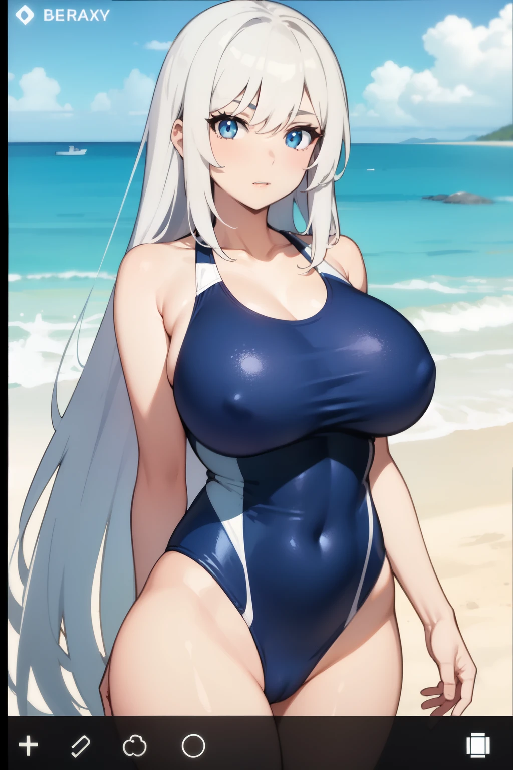 female screen cap with white, long White hair, blue eyes, She has large breasts, swimsuit