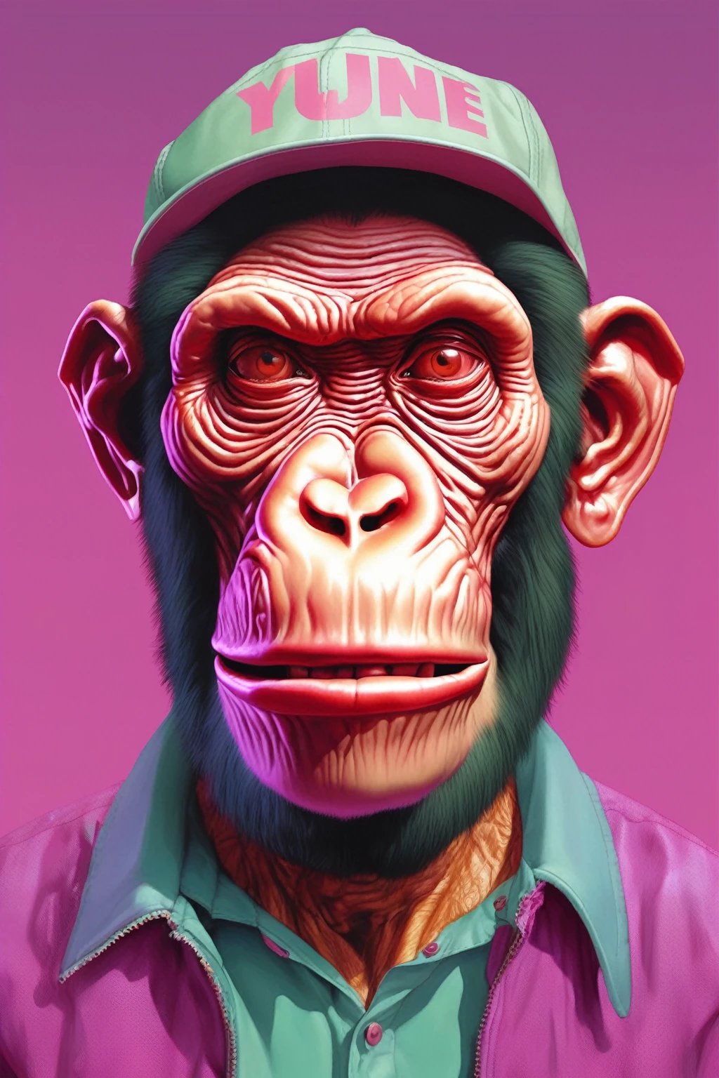 APE NFT HIGH QUALITY , bored ape , Alex Gross Style -Yue Minjun singe habillé comme Tyler le créateur craint et déteste le style de magazine étourdi zombi fume un joint