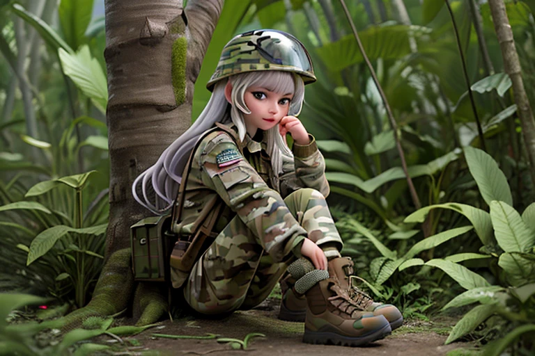 High resolution,high quality,Perfect body,Perfect Face,Perfect Fingers,Beautiful Skin,One girl,In the jungle,Girl in camouflage,Wearing camouflage clothing,Girl wearing camouflage helmet,(Shortcuts),(Silver Hair),(アサルトライフル),アサルトライフルを持つ,full body,looking at another