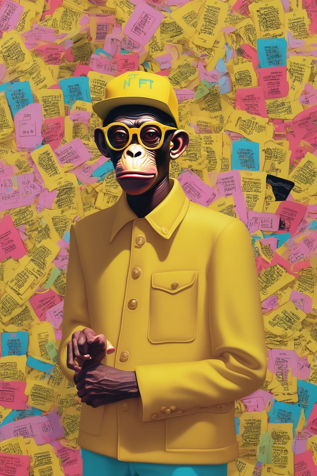 COOL NFT GOLD ,Alex Gross Style - Yue Minjun Monkey Dressed As Tyler The Creator Fears And Hates Dizzy Magazine Style PILE OF TICKETS