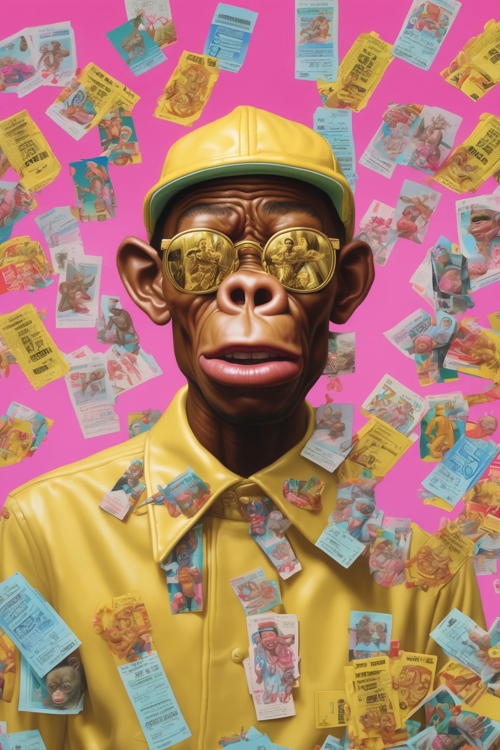 COOL NFT GOLD ,Alex Gross Style - Yue Minjun Monkey Dressed As Tyler The Creator Fears And Hates Dizzy Magazine Style PILE OF TICKETS