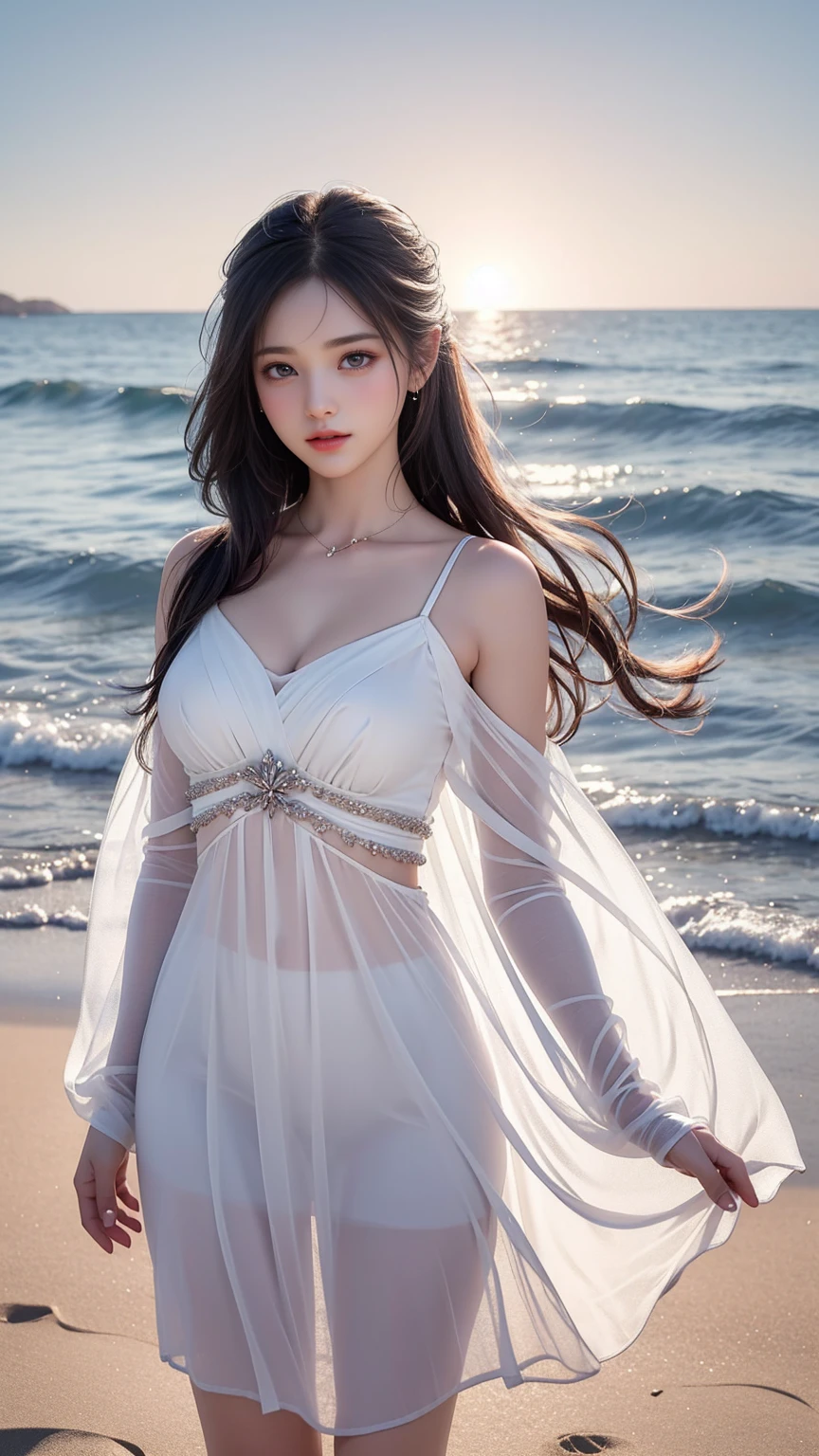 ((Girl walking on the beach at night))、Best quality work，actual work，Ultra Premium Graphics，8K HD CG Works，High quality graphics，High-definition CG works，10x pixels，Extremely fine detail：1.1，Advanced Technical Details：1.1 Photorealistic，Starry Sky Gradient：1.5，Natural light：1.5. Light effects（virtual Light effects：1.8），Long silver hair（Hair fluttering in the wind）, Thin eyebrows，High nose, Nice red lips, Rose Cheeks, Modest makeup face , Cute Face, Perfectly balanced face，(A girl wearing），Light-colored foundations enhance the clarity of your skin..，（Her close your eyes)、Adds elegance and sophistication、Swaying with her movements。Her hair is casually tied back，Fix with hosta，A few strands of hair are swaying gently in the wind，Add a little softness、Charmed everyone&#39;Note、Grace、mystery、Full of power,()、（(close your eyes（）),Lift your head，Thick and long black hair，very elaborate body，Highly detailed face，highest quality、(P私NK Underwear),((Translucent white dress))、(smile)，Thick and long black hair，very elaborate body，Highly detailed face，highest quality,((The hem of the skirt is fluttering in the wind)),((Sexy pose)),(The Milky Way Galaxy in the sky),