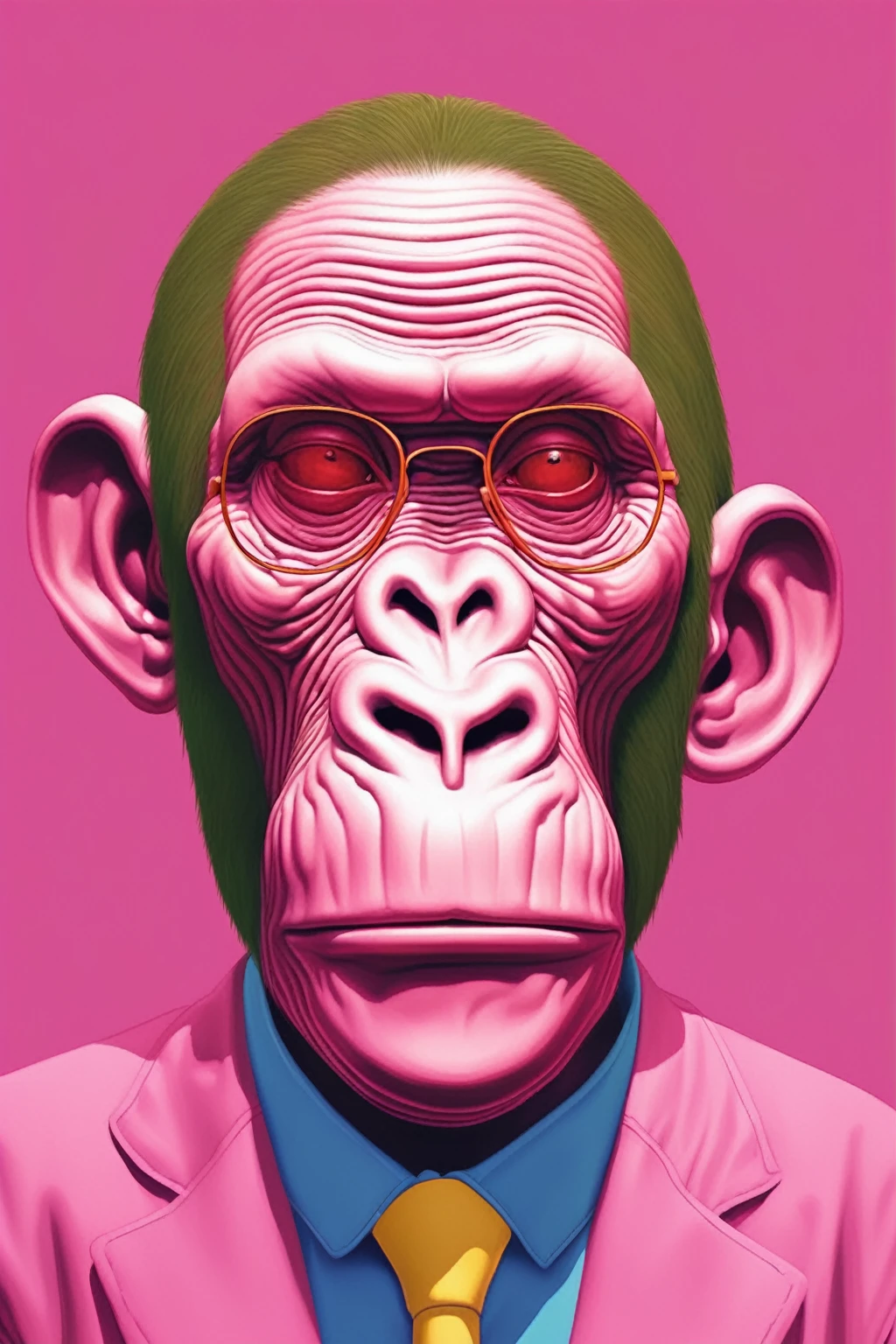 APE NFT HIGH QUALITY , bored ape , Alex Gross Style -Yue Minjun singe habillé comme Tyler le créateur craint et déteste le style de magazine étourdi zombi fume un joint
