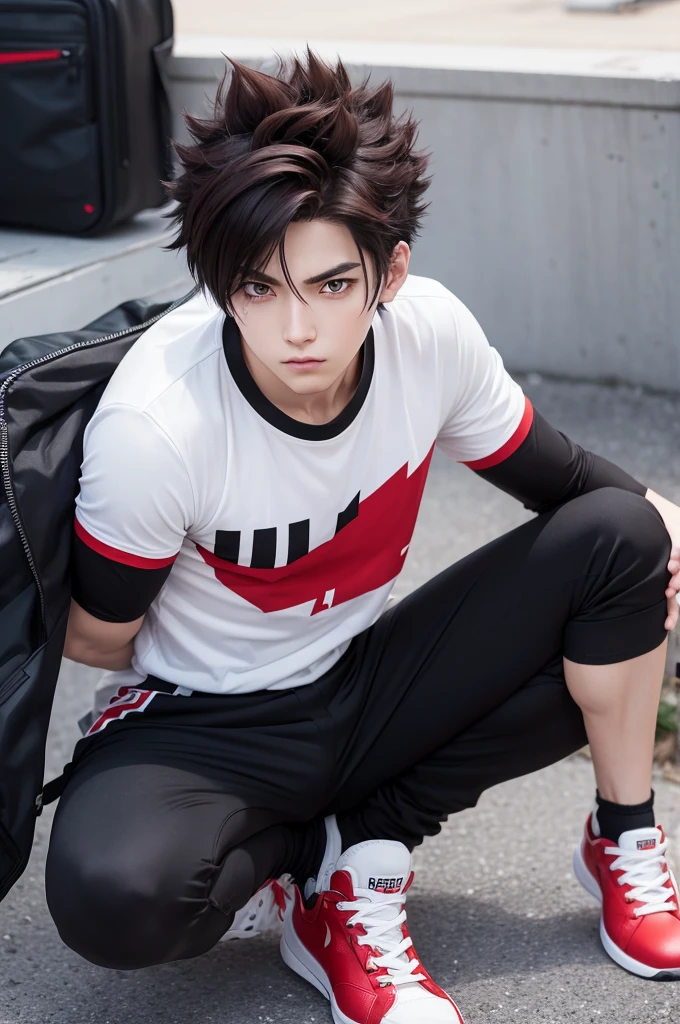real looking japanese teenage boy, teal green eyes with long underlashes, dark green hair with bangs, lightly textured skin, wearing a red tank shirt for football on top of a black inner