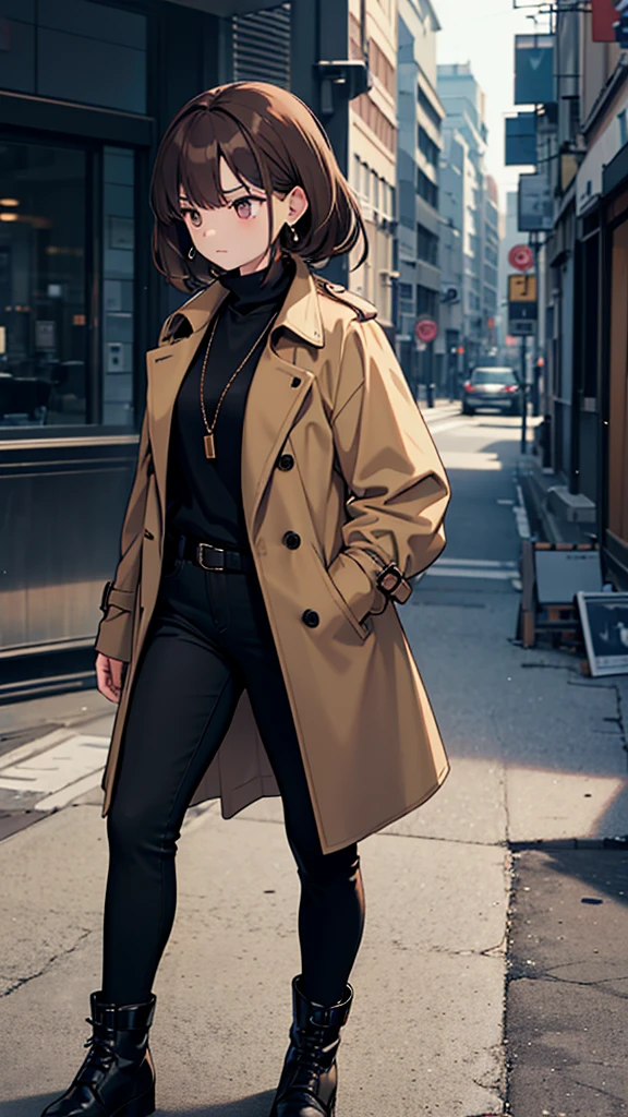 Korean adult woman, medium-length brown hair, grunge, ominous, dark aesthetic, black turtleneck, tan trench coat, necklaces, hoop earrings, 30-year-old, neutral expression, calm, expressionless, black pants, black combat boots, walking, 3/4 view, looking away