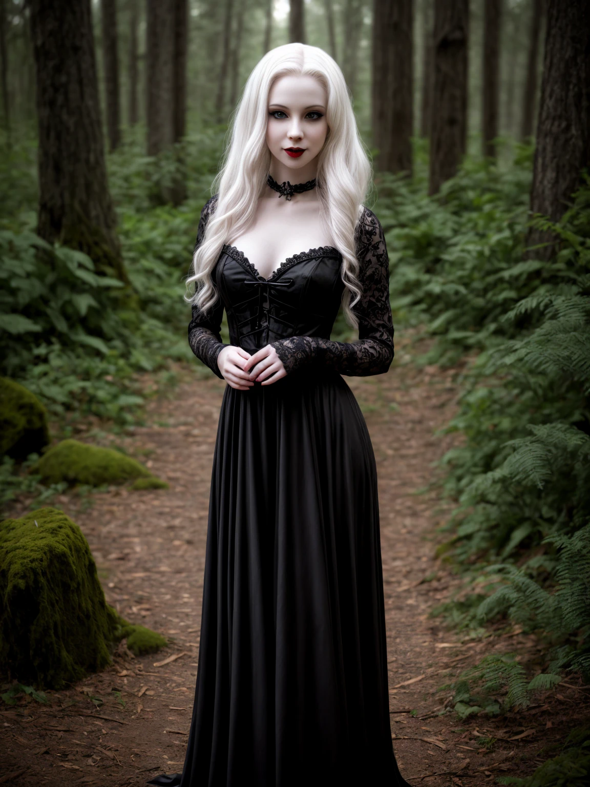 female sexy vampire|albino, pale porcelain skin, sexy vintage black dress, smile, shallow depth of field, grin|creepy, nightfall, detailed face, night, wide hips, narrow waist, portrait of woman standing, detailed eyes, portrait of woman standing, 8k RAW photo, highest quality, looking at the viewer, best shadow, intricate details, long hair, bright eyes, forest, grave, gothic, goth detailed, highres, high qualilty, high saturation