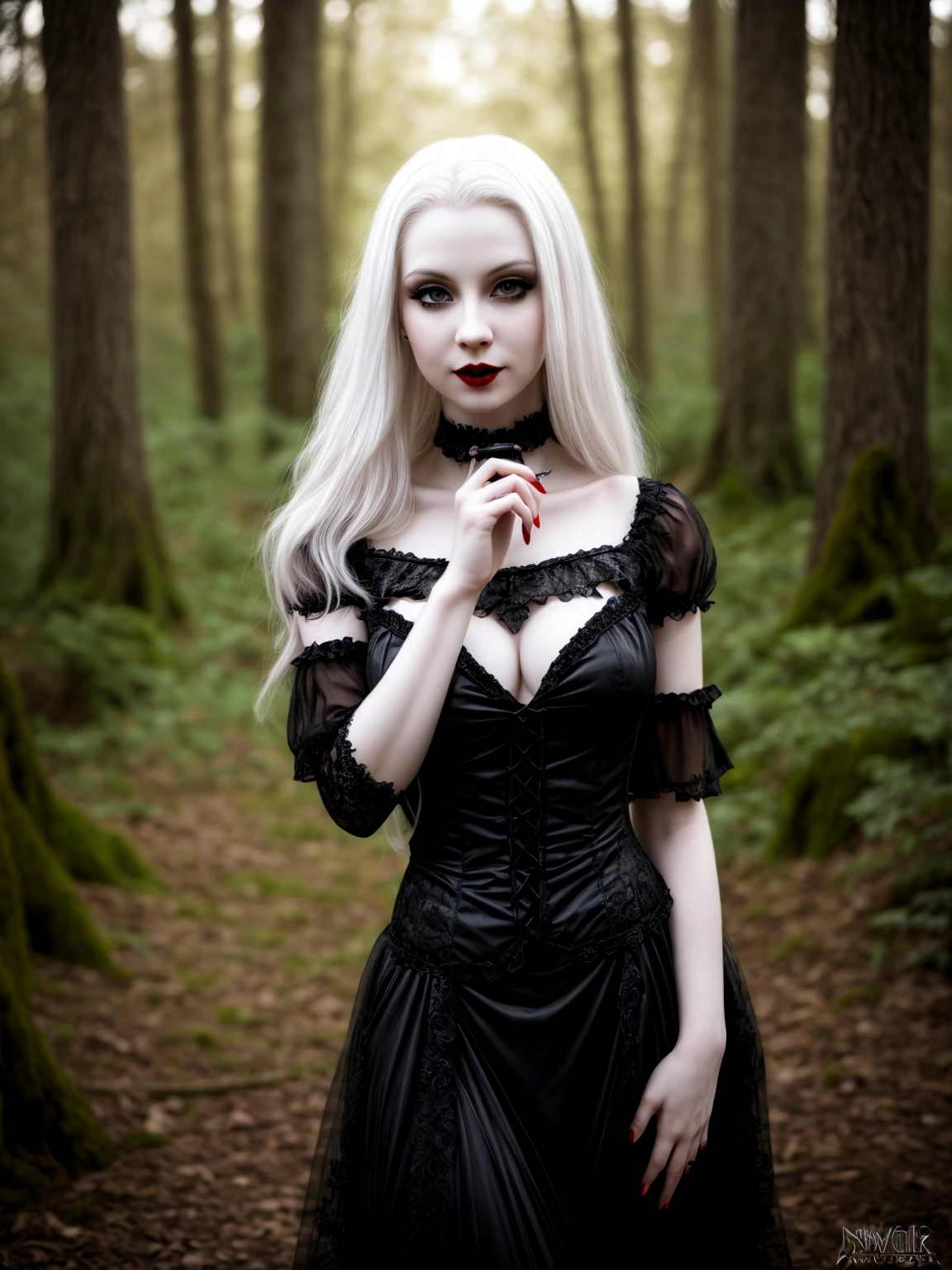 female sexy vampire|albino, pale porcelain skin, sexy vintage black dress, smile, shallow depth of field, grin|creepy, nightfall, detailed face, night, wide hips, narrow waist, portrait of woman standing, detailed eyes, portrait of woman standing, 8k RAW photo, highest quality, looking at the viewer, best shadow, intricate details, long hair, bright eyes, forest, grave, gothic, goth detailed, highres, high qualilty, high saturation