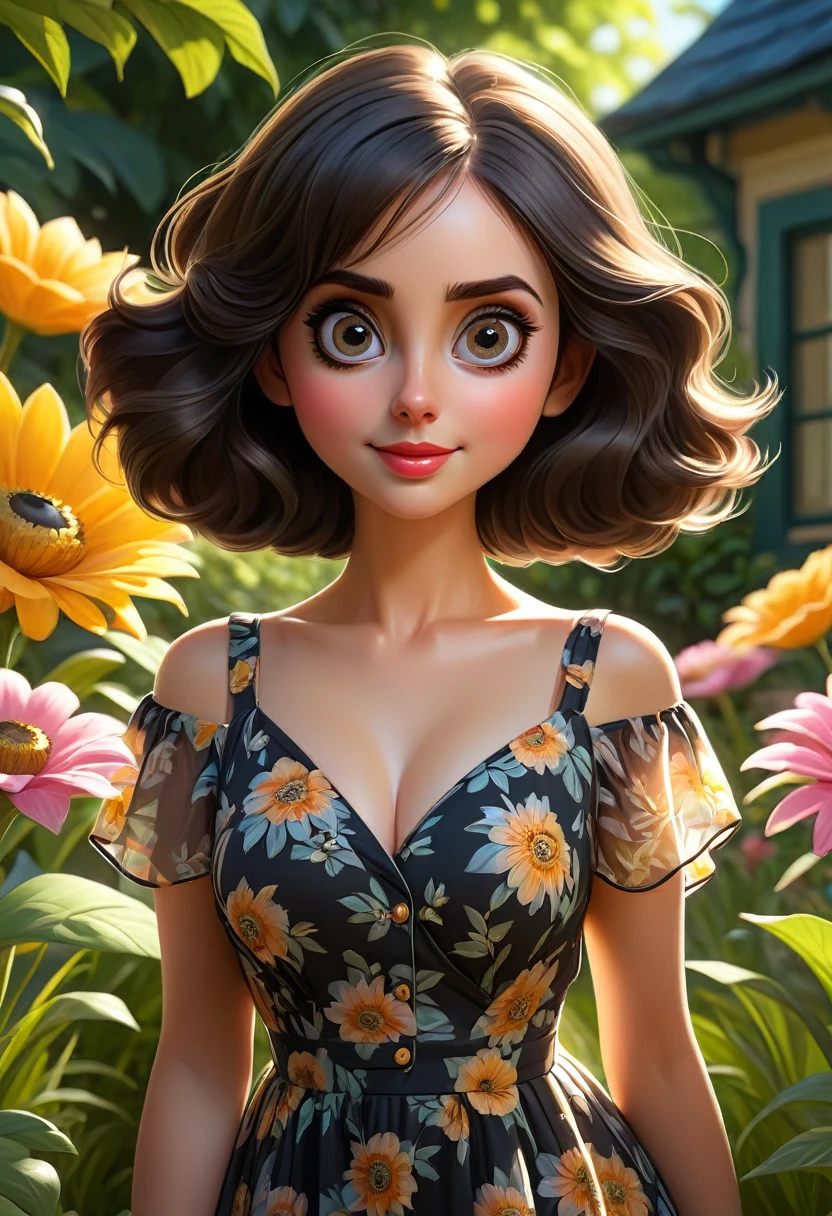 Adorable, Woman,big-eyed woman, round face. promenent lips. Smileing,In the garden,Her hands are behind her...., , large ass, wearing a cute sun dress. Picture from the side,looking at the scenes, intense colors, Very valuable details, complex details, volumetric lighting, digital art, 8k, trending on Artstation, Clear focus, complex details, highly detail, Greg Rutkowski Big Eyes, high-resolution, Black hair. Alison Brie
