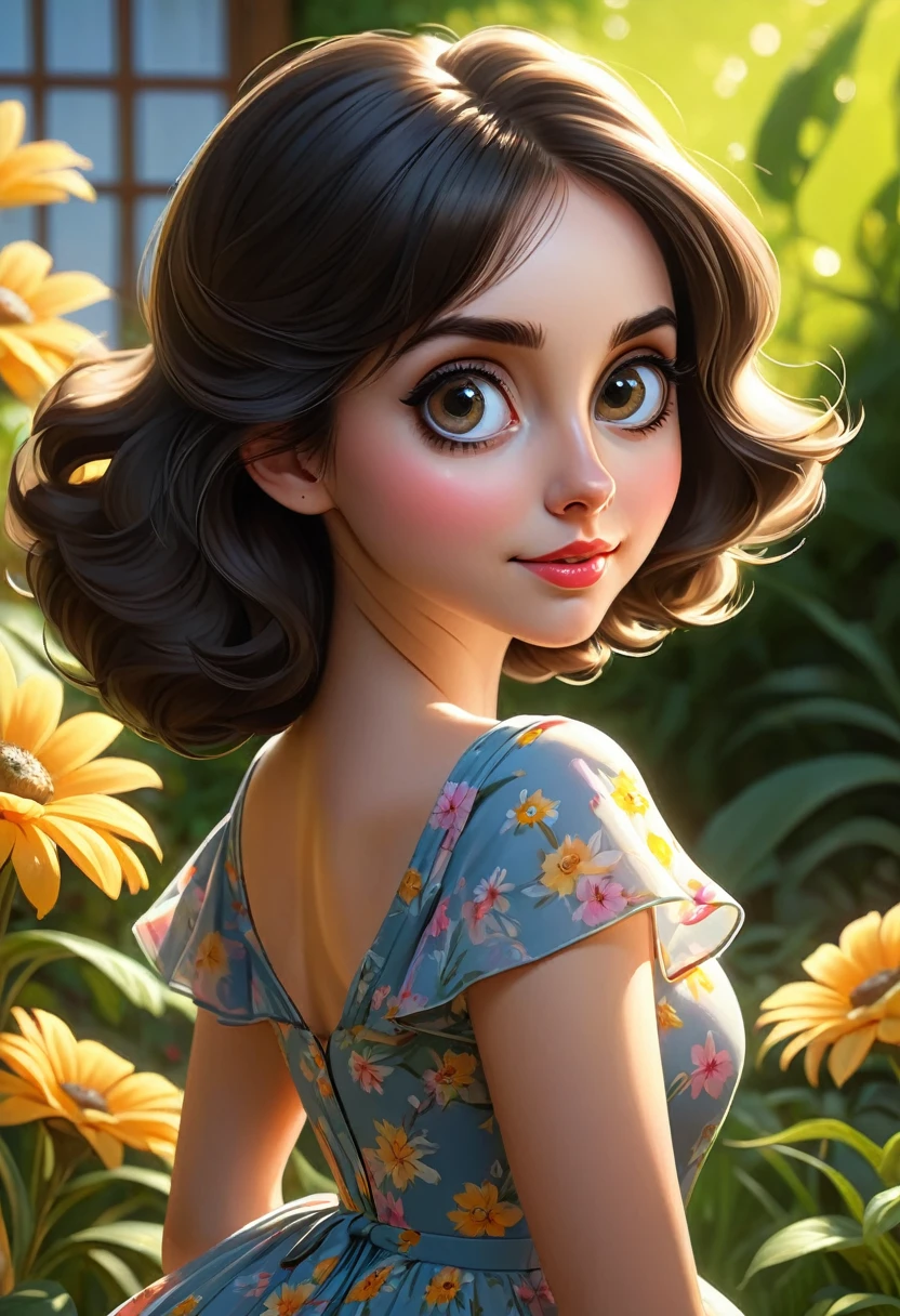 Adorable, Woman,big-eyed woman, round face. promenent lips. Smileing,In the garden,Her hands are behind her...., , large ass, wearing a cute sun dress. Picture from the side,looking at the scenes, intense colors, Very valuable details, complex details, volumetric lighting, digital art, 8k, trending on Artstation, Clear focus, complex details, highly detail, Greg Rutkowski Big Eyes, high-resolution, Black hair. Alison Brie
