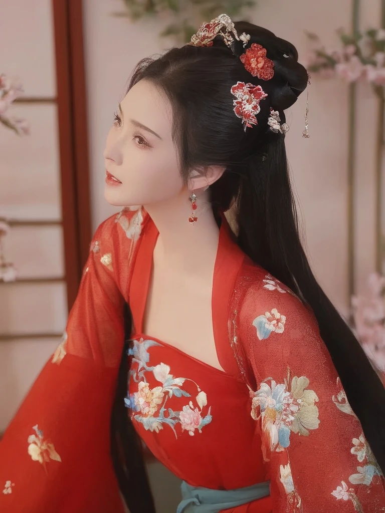 Wearing traditional clothes、girl with flower pattern on top,1 girl, alone, long hair, black hair, hair accessories, Long sleeve, Keep, jewelry, Upper Body, earrings, Hair Bun, Chinese clothes, Red Dress, actual, looking at the audience, In the bedroom