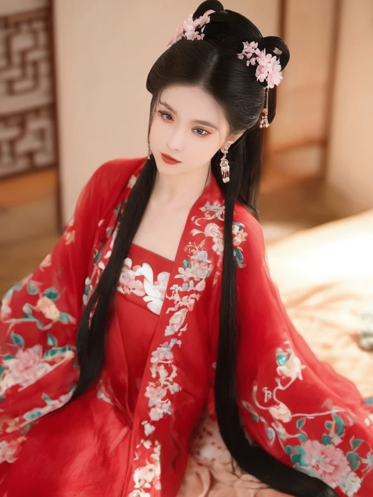 Wearing traditional clothes、girl with flower pattern on top,1 girl, alone, long hair, black hair, hair accessories, Long sleeve, Keep, jewelry, Upper Body, earrings, Hair Bun, Chinese clothes, Red Dress, actual， looking at the audience, In the bedroom