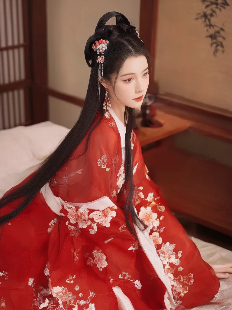 Wearing traditional clothes、girl with flower pattern on top,1 girl, alone, long hair, black hair, hair accessories, Long sleeve, Keep, jewelry, Upper Body, earrings, Hair Bun, Chinese clothes, Red Dress, actual, looking at the audience, In the bedroom