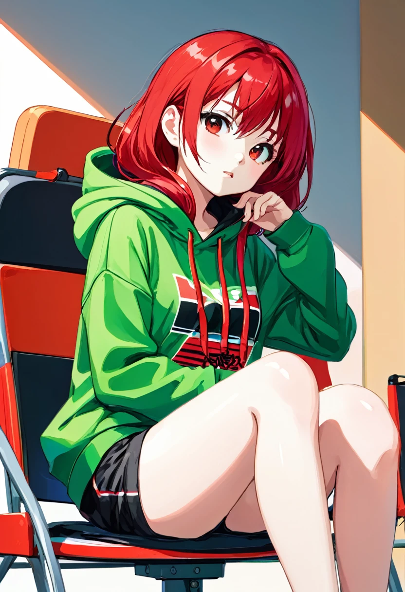 Pretty asian woman, bright red hair, black shorts and a green hoodie, cute, sitting in a chair. Anime style