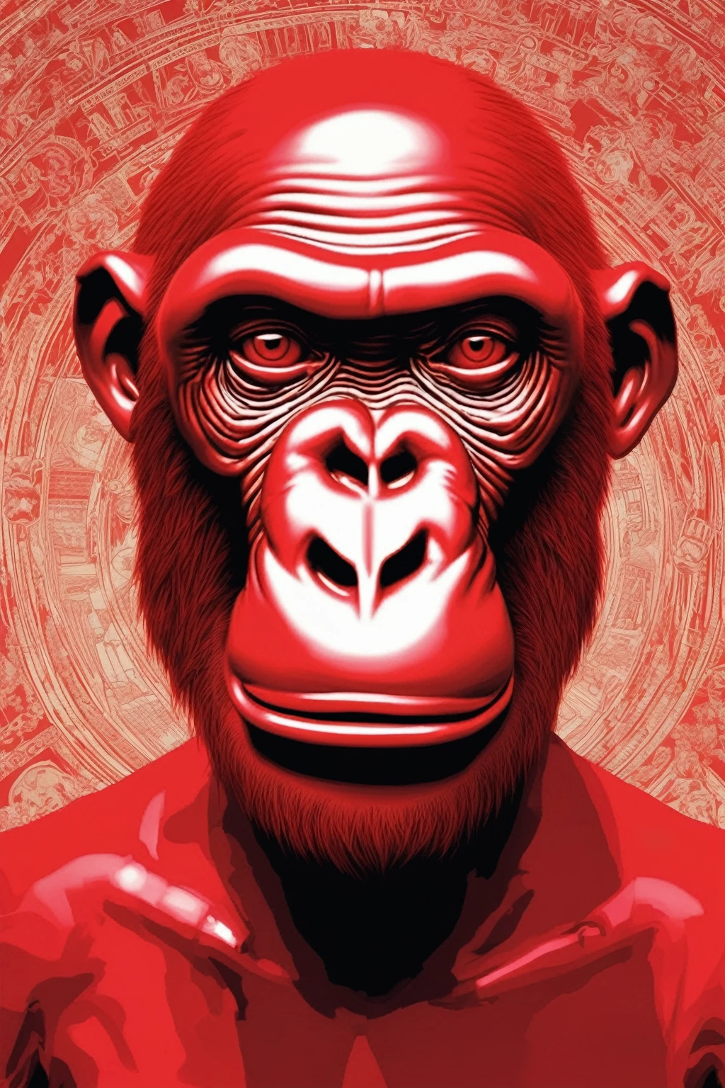 APE singe énervé NFT HIGH QUALITY , bored ape , Alex Gross Style -Yue Minjun singe habillé comme Tyler le créateur craint et déteste le style de magazine étourdi zombi fume un joint , rouge transparent en crystal, circuit imprimé, or