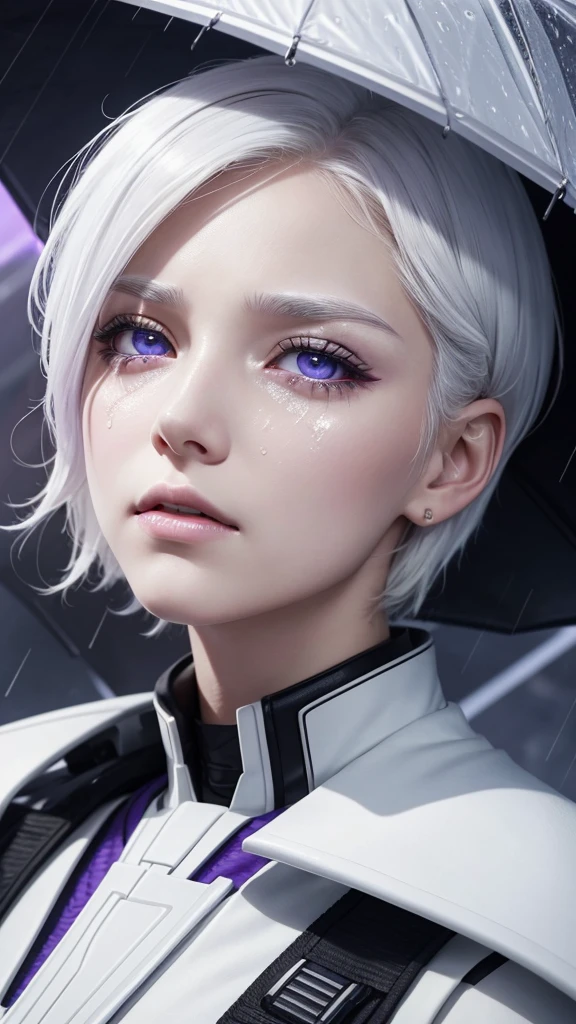 Beautiful girl, innocent, perfect face, white hair, white eyebrow, white eyelash, albino, short hair, detailed violet eyes, futuristic military uniform, crying on the rain