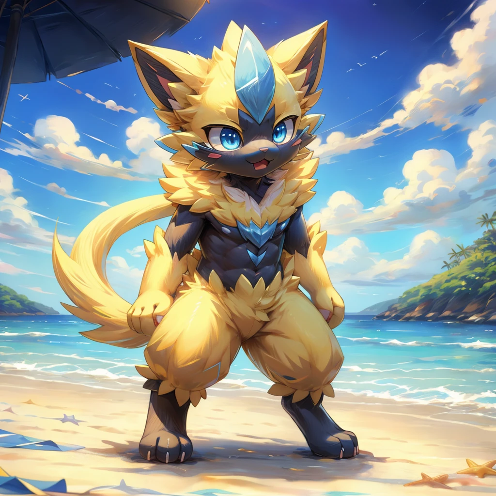 Zeraora (pokemon),solo,male only,blue eyes, detailed eyes,focus eyes,cat ears,detailed ears, yellow fur,fluffy fur, detailed fur, detailed body,focus body,focus face,what a cute boy,young, furry,furry art,full body,beach background, detailed background 