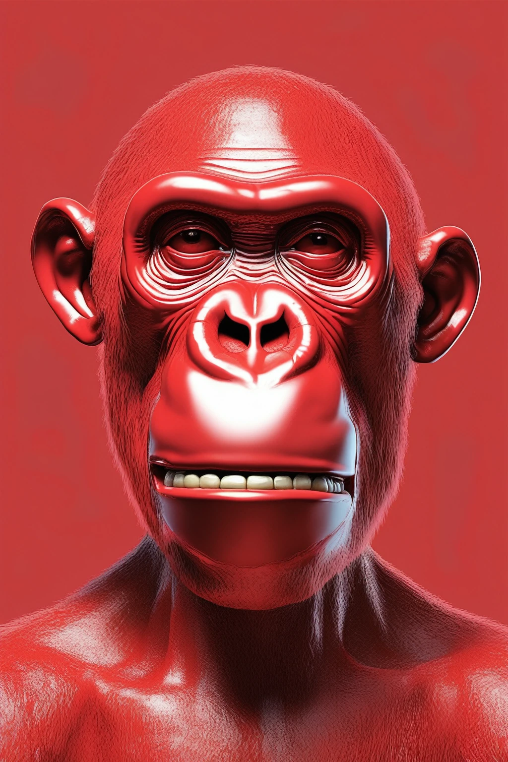 APE singe énervé NFT HIGH QUALITY , bored ape , Alex Gross Style -Yue Minjun singe habillé comme Tyler le créateur craint et déteste le style de magazine étourdi zombi fume un joint , rouge transparent en crystal, circuit imprimé, or 
