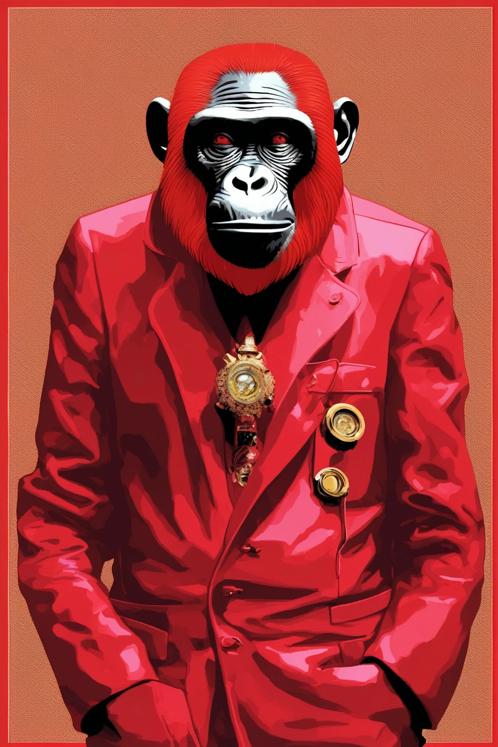 APE singe énervé NFT HIGH QUALITY , bored ape , Alex Gross Style -Yue Minjun singe habillé comme Tyler le créateur craint et déteste le style de magazine étourdi zombi fume un joint , rouge transparent en crystal, circuit imprimé, or 
