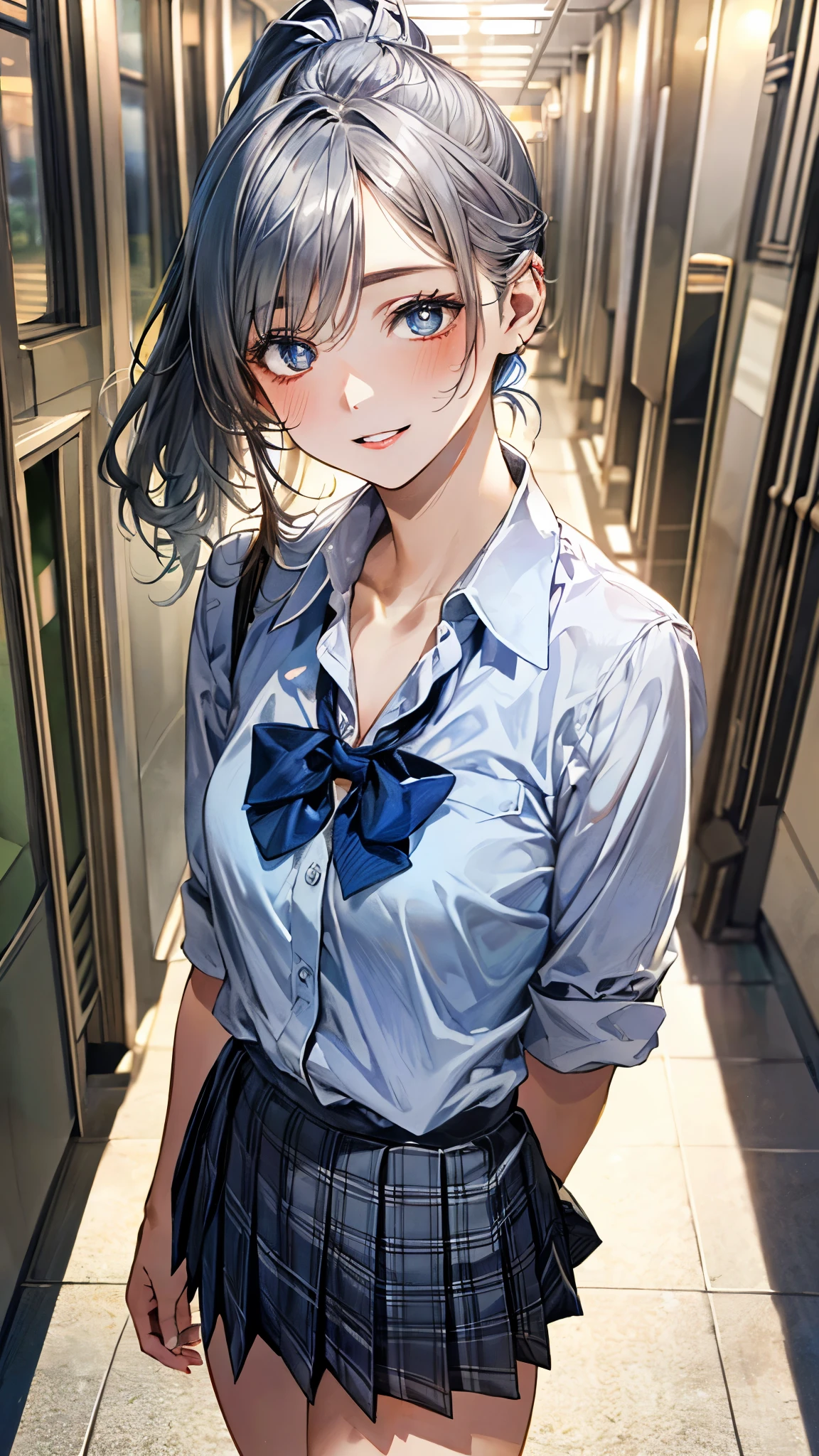 (masterpiece:1.3, top-quality, ultra high res, ultra detailed), (realistic, photorealistic:1.4), beautiful illustration, perfect lighting, natural lighting, colorful, depth of fields, ,
beautiful detailed hair, beautiful detailed face, beautiful detailed eyes, beautiful clavicle, beautiful body, beautiful chest, beautiful thigh, beautiful legs, beautiful fingers, shiny skin, 
looking at viewer, 1 girl, high school girl, (perfect anatomy, anatomically correct, super detailed skin), cute and symmetrical face, babyface, perfect face, perfect eyes, , 
(middle hair, ponytail, sideburns, silver hair), crossed bangs, blue eyes, slant eyes, big eyes, long eye lasher, (medium breasts, seductive thighs), slender, skin dendation, 
detailed cloth texture, light blue collared shirt, blue bow tie, grey plaid pleated skirt:1.2, black hair chouchou,
(beautiful scenery), summer, evening, (school hallway), standing, head tilt, hands between legs, (lovely smile, upper eyes, parted lips), 