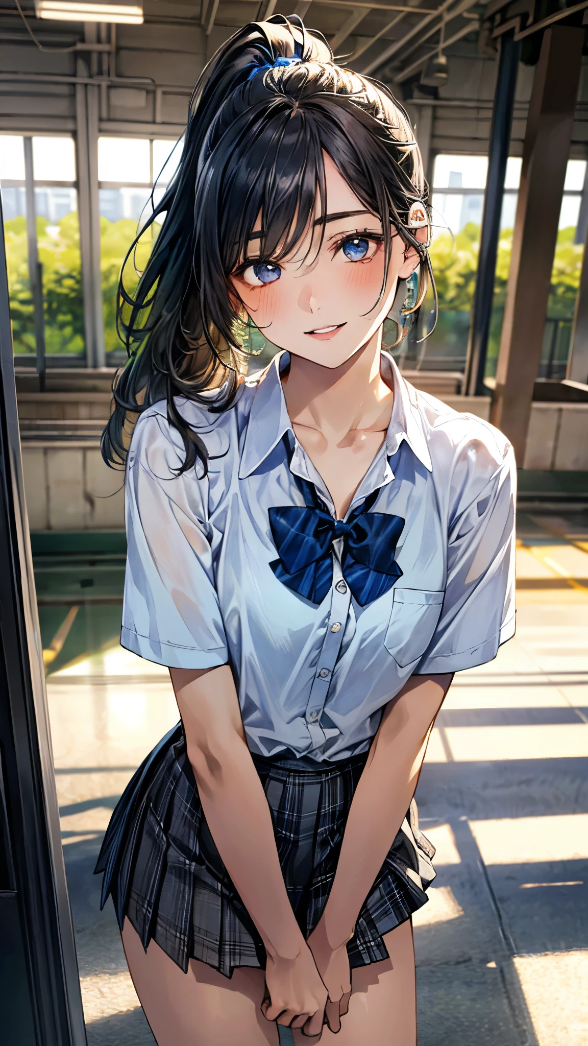 (masterpiece:1.3, top-quality, ultra high res, ultra detailed), (realistic, photorealistic:1.4), beautiful illustration, perfect lighting, natural lighting, colorful, depth of fields, ,
beautiful detailed hair, beautiful detailed face, beautiful detailed eyes, beautiful clavicle, beautiful body, beautiful chest, beautiful thigh, beautiful legs, beautiful fingers, shiny skin,
looking at viewer, 1 girl, high school girl, (perfect anatomy, anatomically correct, super detailed skin), cute and symmetrical face, babyface, perfect face, perfect eyes, ,
(middle hair, ponytail, sideburns, silver hair), crossed bangs, blue eyes, slant eyes, big eyes, long eye lasher, (medium breasts, seductive thighs), slender, skin dendation,
detailed cloth texture, light blue collared shirt, blue bow tie, grey plaid pleated skirt:1.2, black hair chouchou,
(beautiful scenery), summer, evening, (school hallway), standing, head tilt, hands between legs, (lovely smile, upper eyes, parted lips),